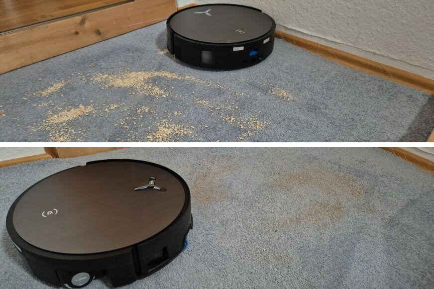 Die Saugkraft des X9 wird im Test an Teppich gemessen und saugt sand vom Teppichboden auf - 16.600 Pascal Saugleistung.